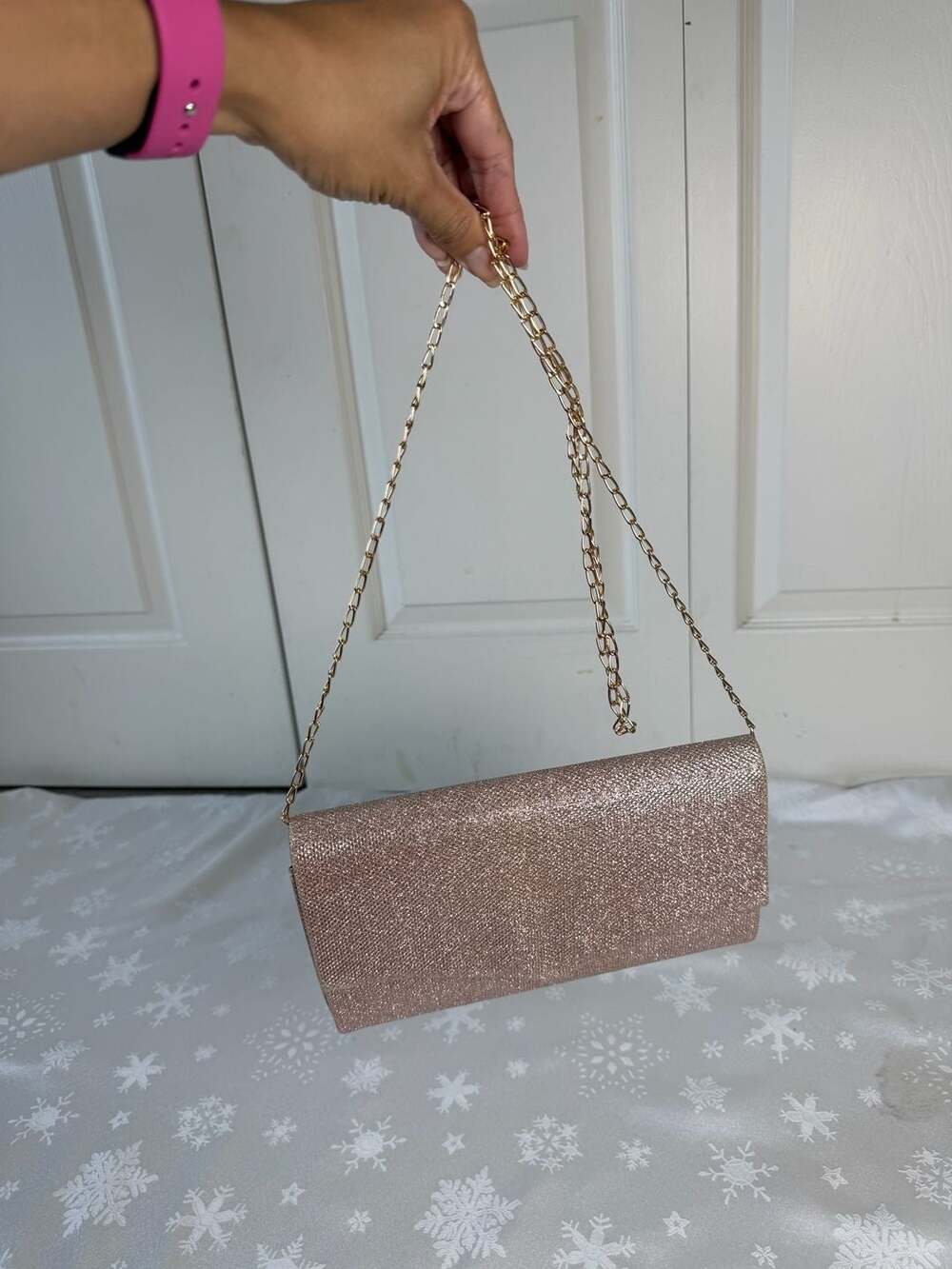 Rose Gold Glitter Envelope Clutch Purse Gold Chain Wedding Prom Evening Bag